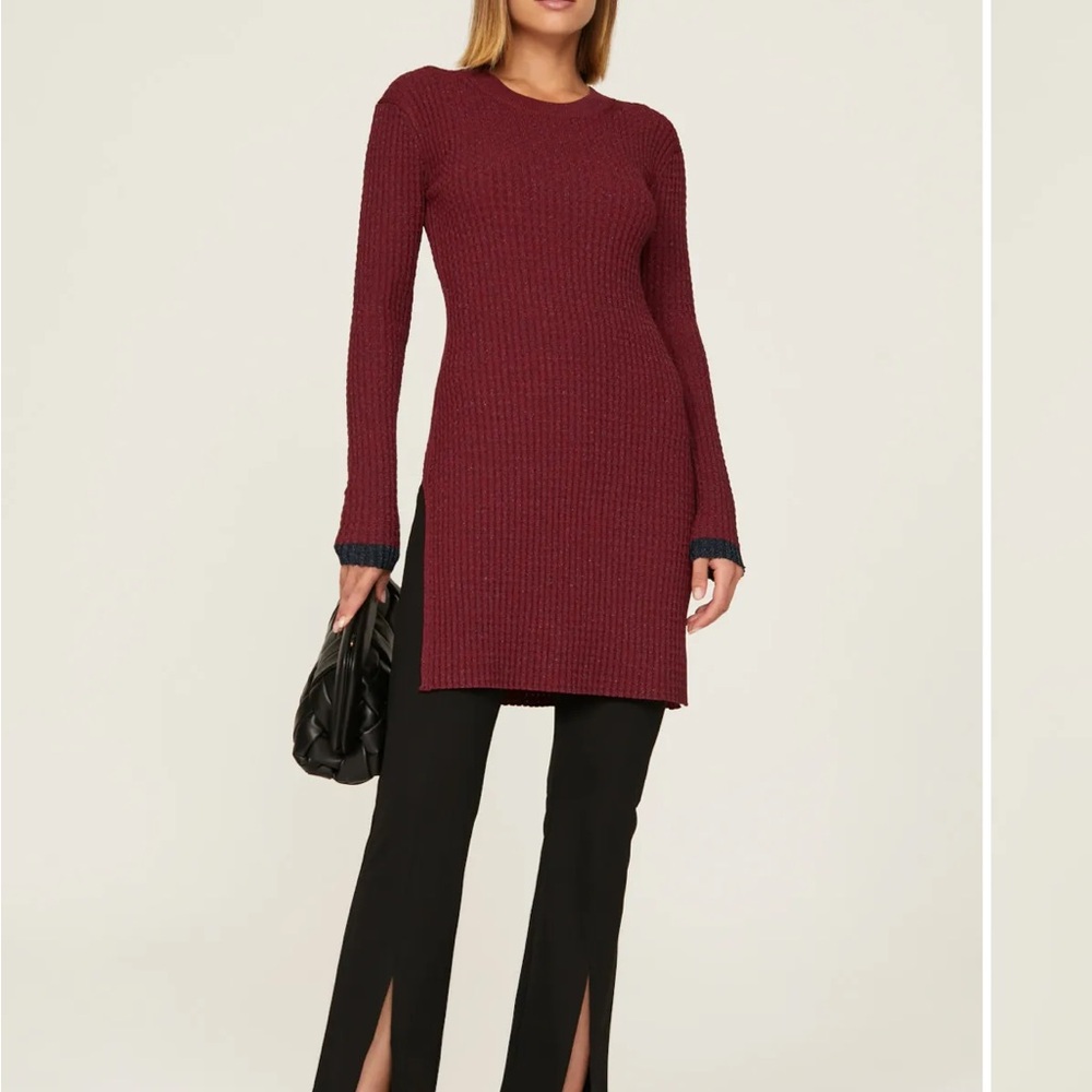 Marina Moscone Red Long Tunic Sweater Side Slit M